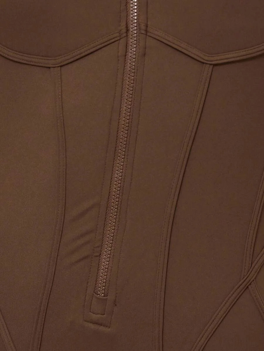 Sport Contour Piping Open Back Zip Through Fitted Jumpsuit Active Sports Workout Fall Autumn Cute