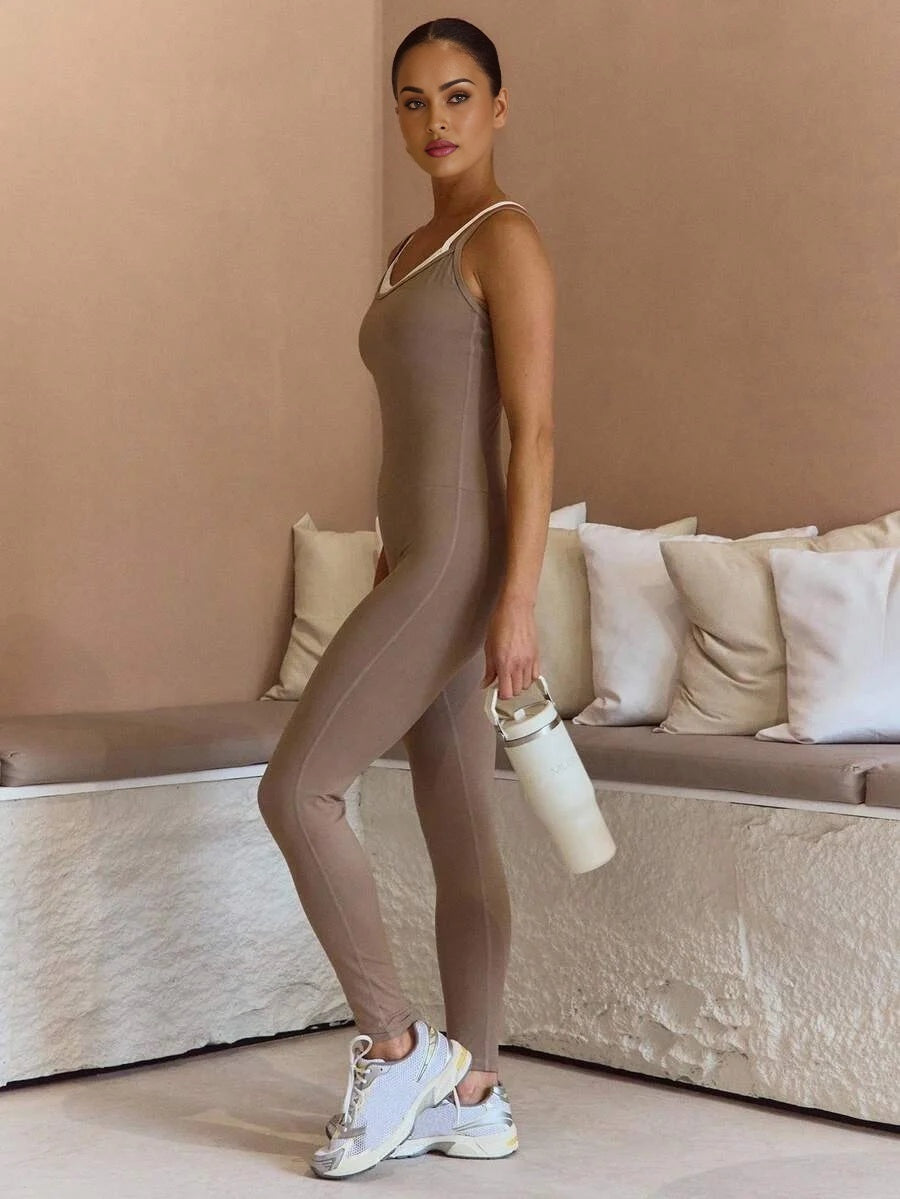 Sport Contrast Double Layer Unitard Jumpsuit Elegant Casual Active Workout Gym Fall Autumn Back To