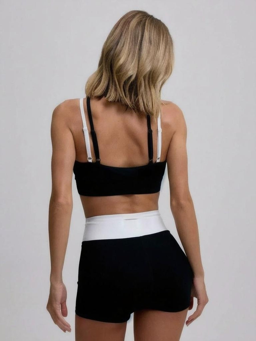 Sport Contrast Layered Sports Bra And Shorts Set Casual Active Workout Gym Fall Autumn