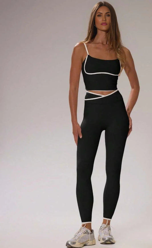 Sport Contrast Piping Fitted Crop Top And Crossover High Waist Leggings CoOrd Set Cinched Stretch