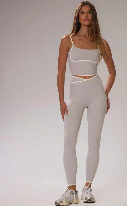 Sport Contrast Piping Fitted Crop Top And Crossover High Waist Leggings CoOrd Set Cinched Stretch