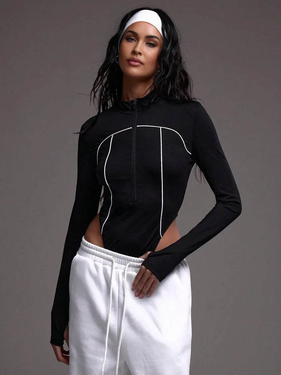 Sport Contrast Piping Quarter Zip Sports Bodysuit Padel Tennis Pickleball Gym Fitness