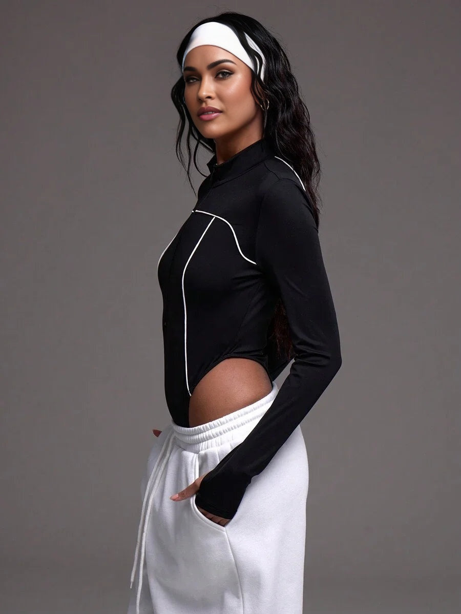 Sport Contrast Piping Quarter Zip Sports Bodysuit Padel Tennis Pickleball Gym Fitness