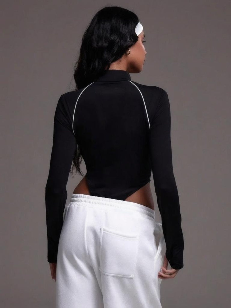 Sport Contrast Piping Quarter Zip Sports Bodysuit Padel Tennis Pickleball Gym Fitness