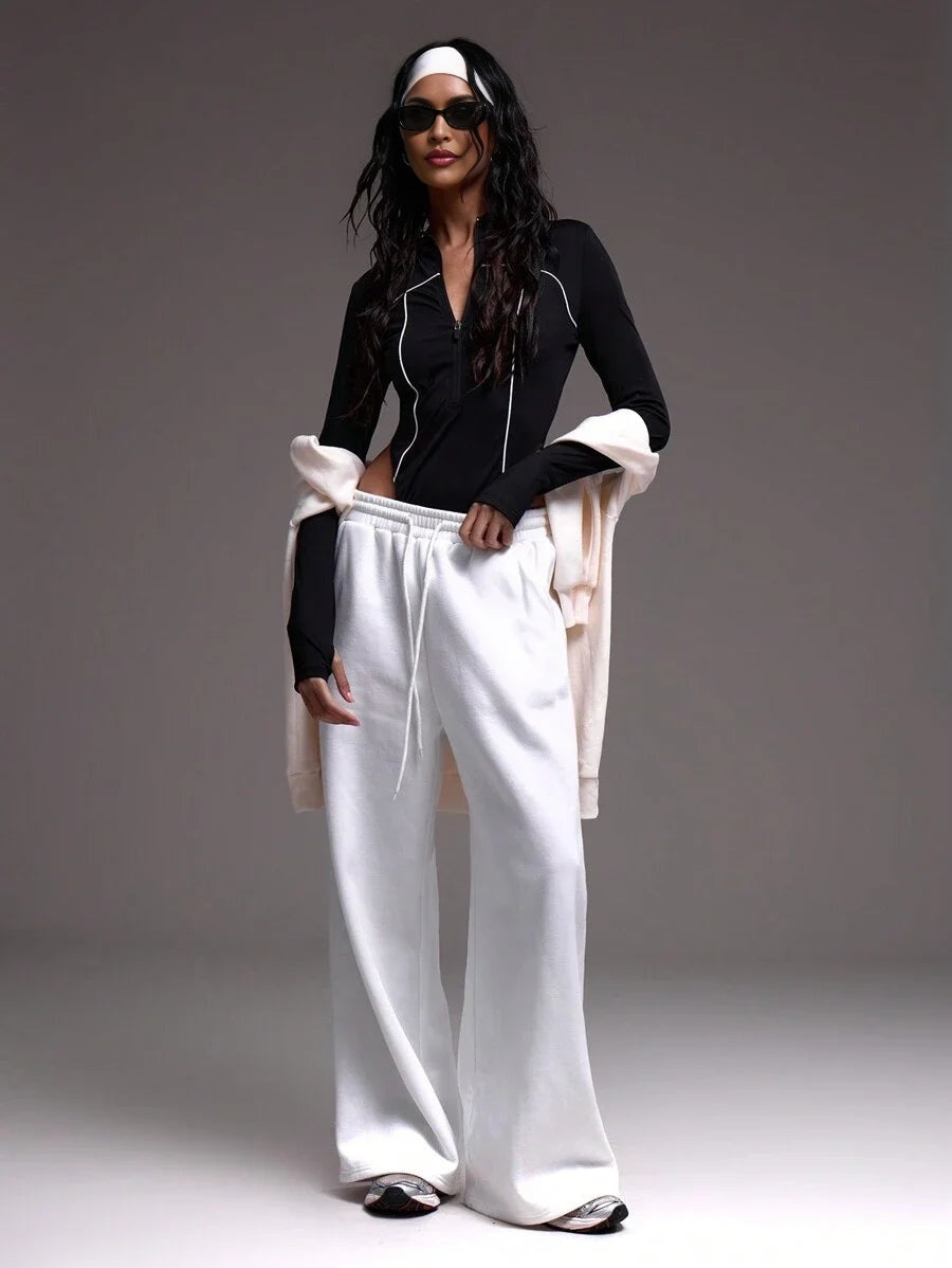 Sport Contrast Piping Quarter Zip Sports Bodysuit Padel Tennis Pickleball Gym Fitness