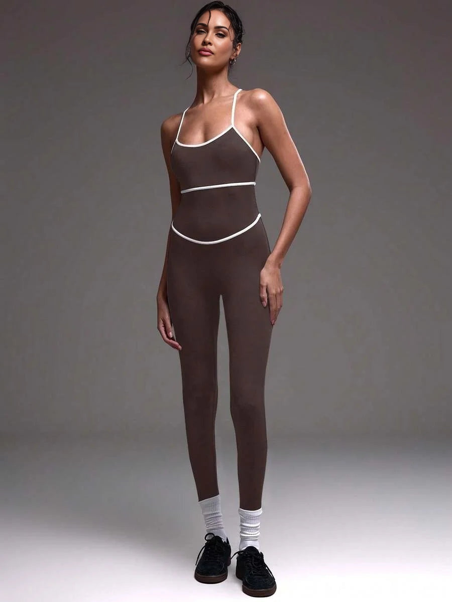 Sport Contrast Piping Seam Strappy Fitted Sports Active Wear Jumpsuit Unitard Padel Tennis