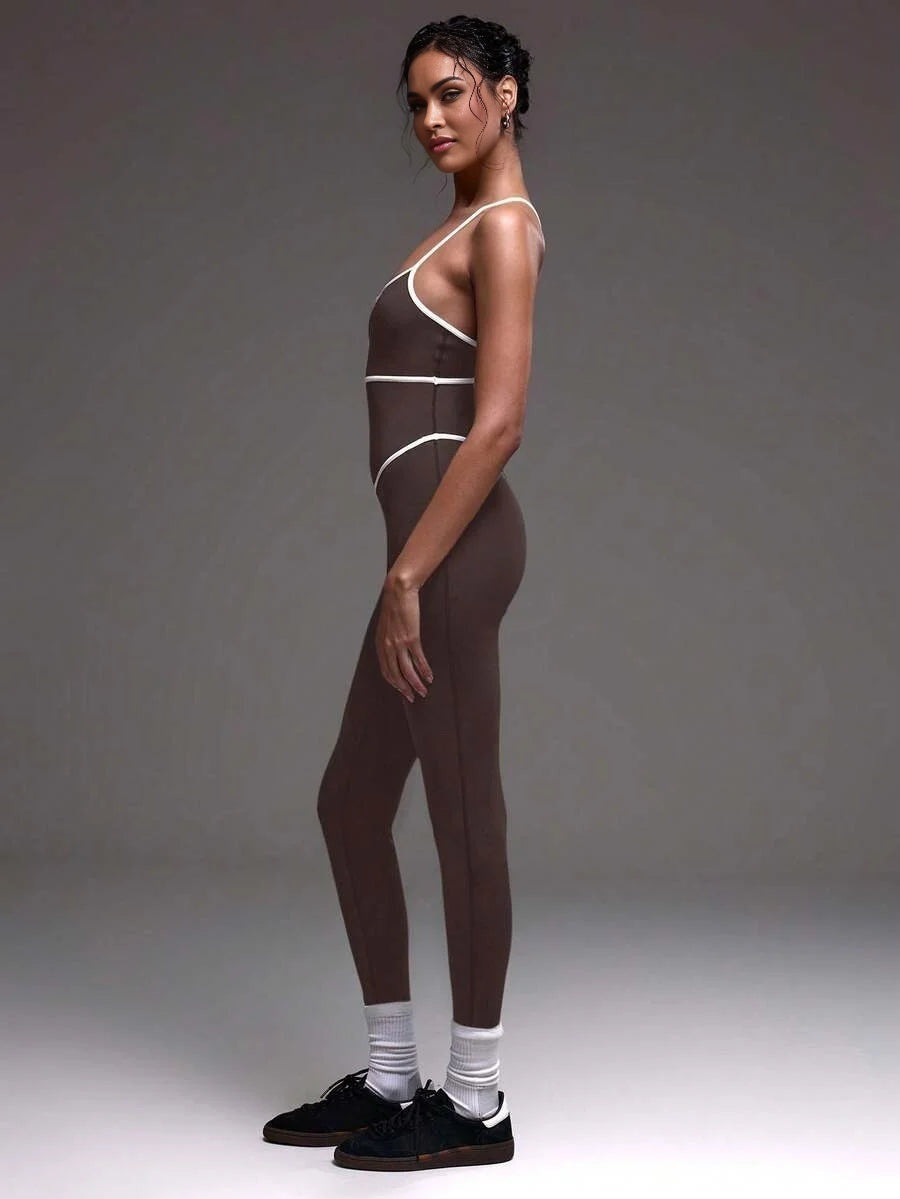 Sport Contrast Piping Seam Strappy Fitted Sports Active Wear Jumpsuit Unitard Padel Tennis