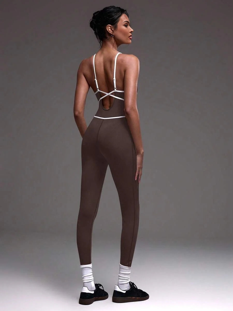 Sport Contrast Piping Seam Strappy Fitted Sports Active Wear Jumpsuit Unitard Padel Tennis