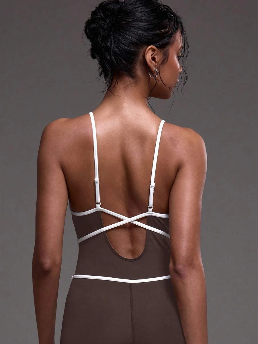 Sport Contrast Piping Seam Strappy Fitted Sports Active Wear Jumpsuit Unitard Padel Tennis