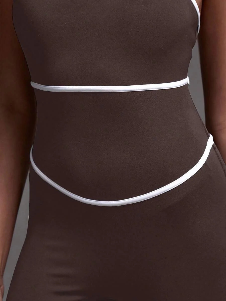 Sport Contrast Piping Seam Strappy Fitted Sports Active Wear Jumpsuit Unitard Padel Tennis