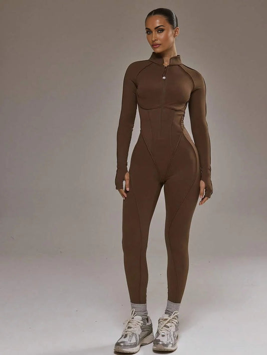 Sport Contrast Piping Zip Through Open Back Fitted Long Sleeve Jumpsuit Padel Autumn Fall Winter