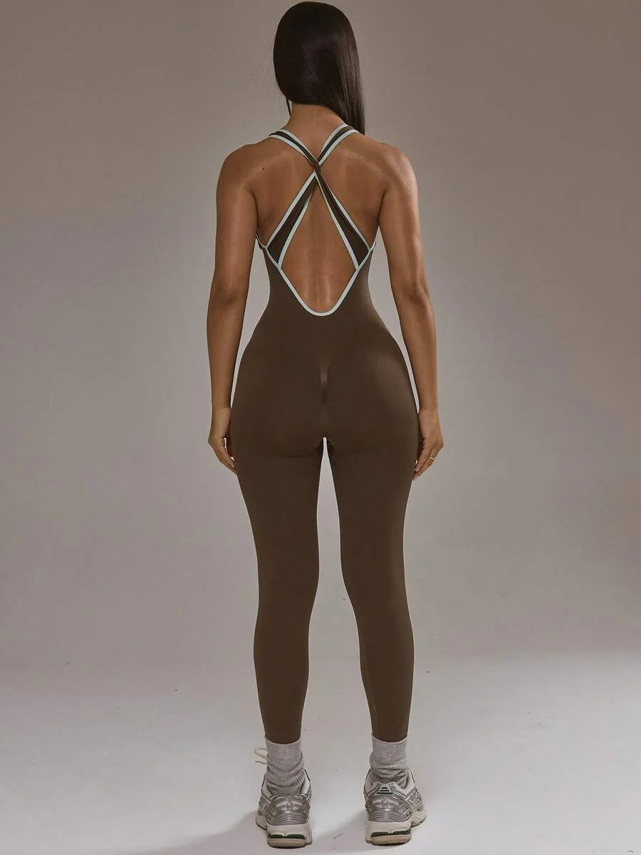 Sport Contrast Trim Plunge Fitted Jumpsuit Padel Autumn Fall Winter Activewear Sport Gym Workout