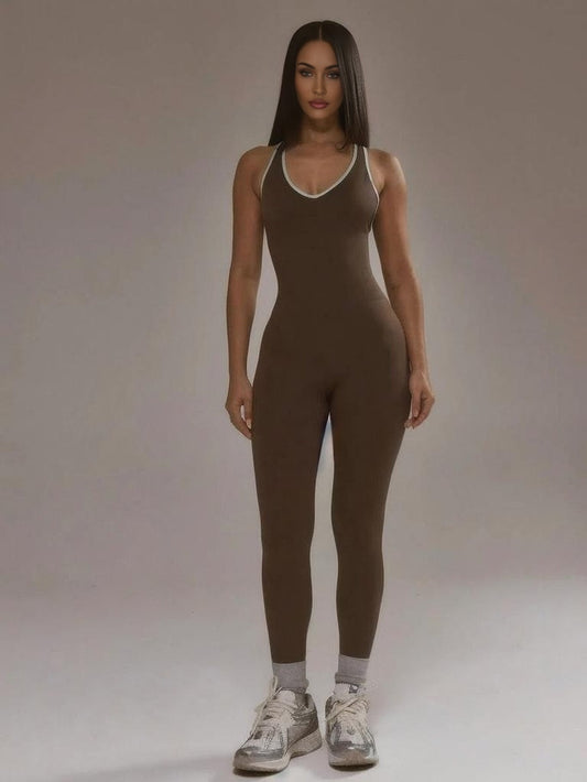 Sport Contrast Trim Plunge Fitted Jumpsuit Padel Autumn Fall Winter Activewear Sport Gym Workout