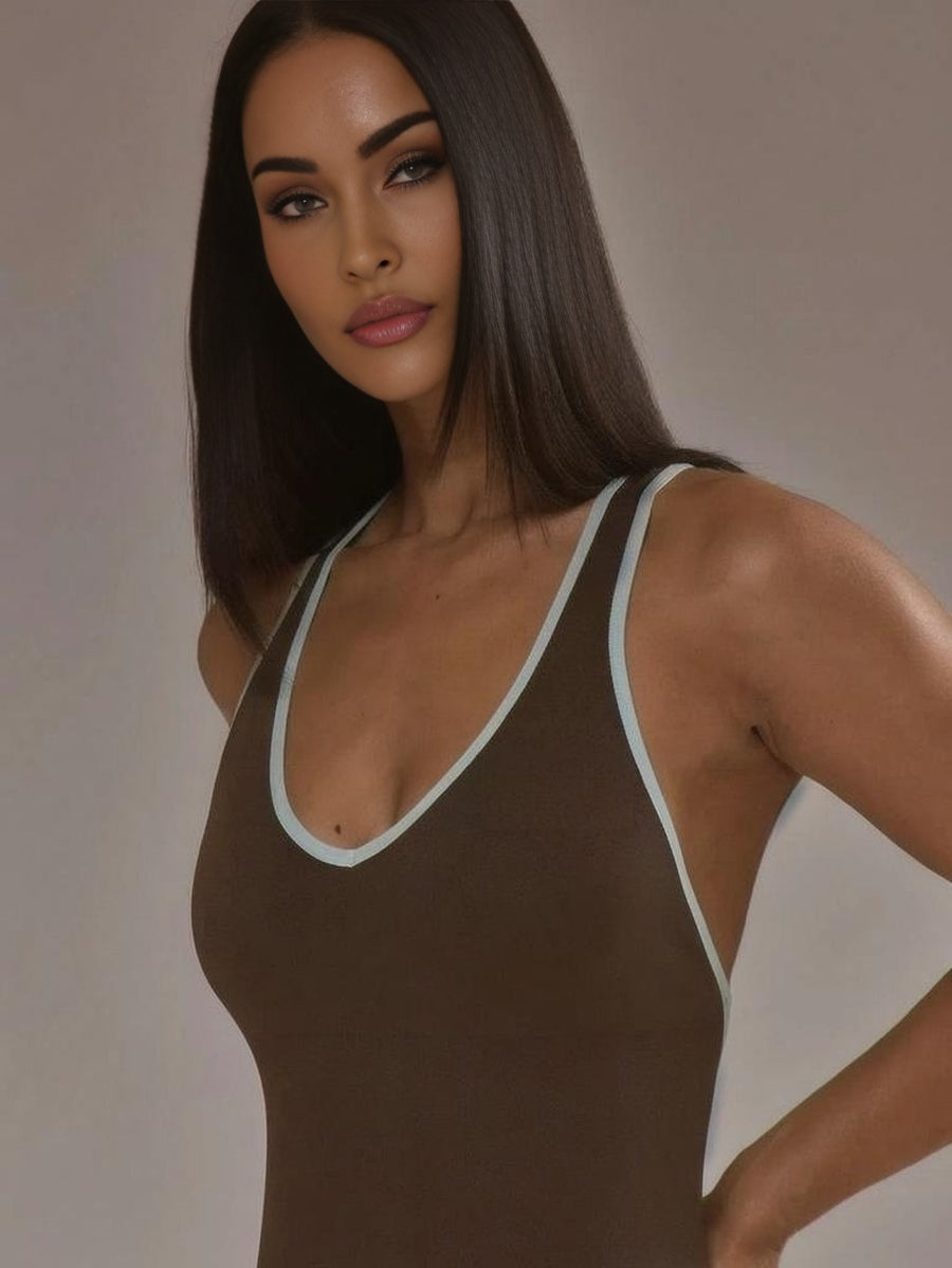 Sport Contrast Trim Plunge Fitted Jumpsuit Padel Autumn Fall Winter Activewear Sport Gym Workout