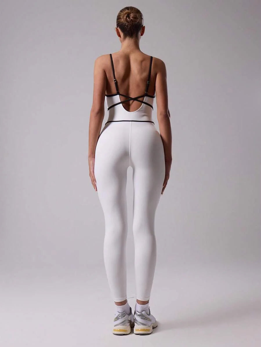 Sport Contrast Trim Seam Spaghetti Strap Fitted Strappy Sports JumpsuitPadel Tennis Pickleball Gym