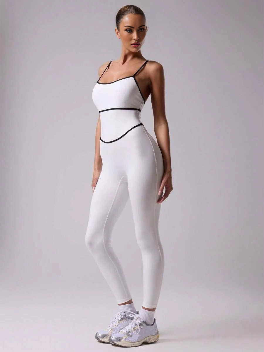 Sport Contrast Trim Seam Spaghetti Strap Fitted Strappy Sports JumpsuitPadel Tennis Pickleball Gym