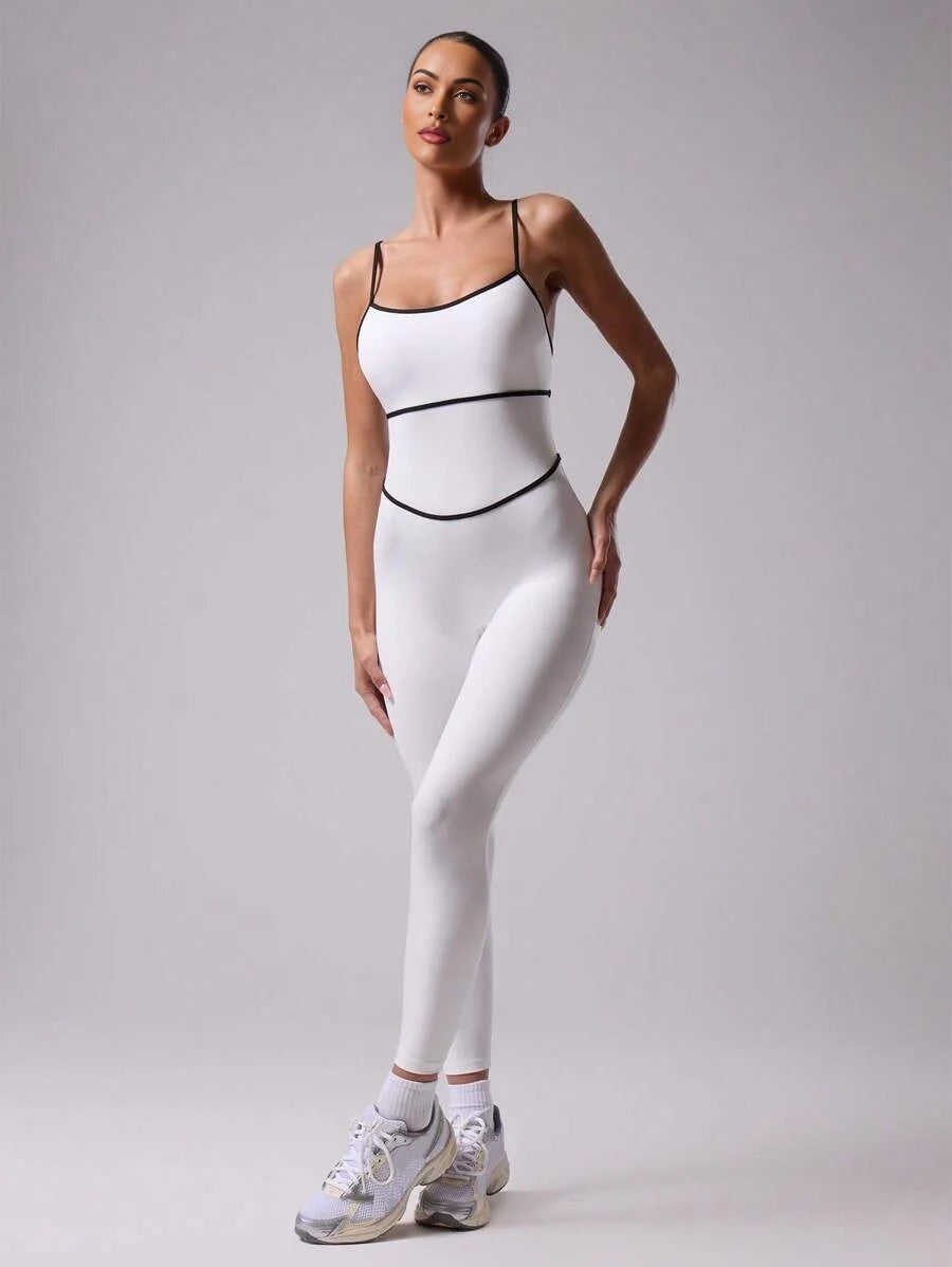 Sport Contrast Trim Seam Spaghetti Strap Fitted Strappy Sports JumpsuitPadel Tennis Pickleball Gym