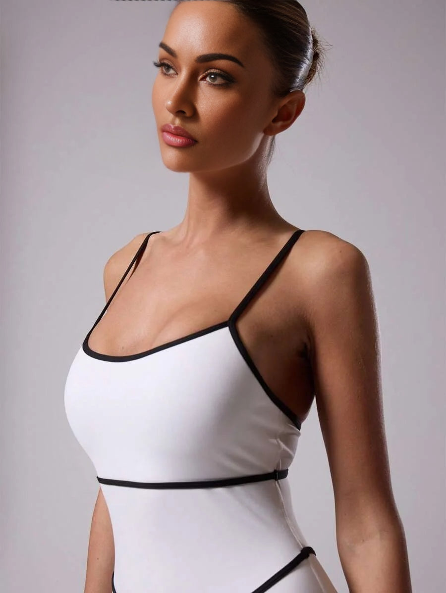 Sport Contrast Trim Seam Spaghetti Strap Fitted Strappy Sports JumpsuitPadel Tennis Pickleball Gym
