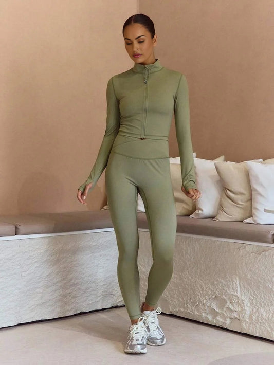 Sport Cropped BBL Jacket And Crossover Waistband Leggings Co Ord Set Elegant Casual Active Workout