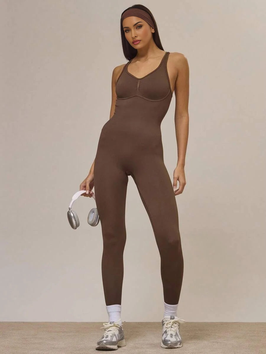 Sport Cross Back Seamless Ribbed Sculpt Fitted Jumpsuit Active Sports Workout Fall Autumn Cute