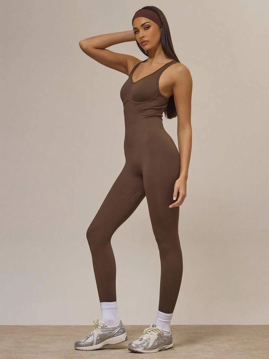 Sport Cross Back Seamless Ribbed Sculpt Fitted Jumpsuit Active Sports Workout Fall Autumn Cute