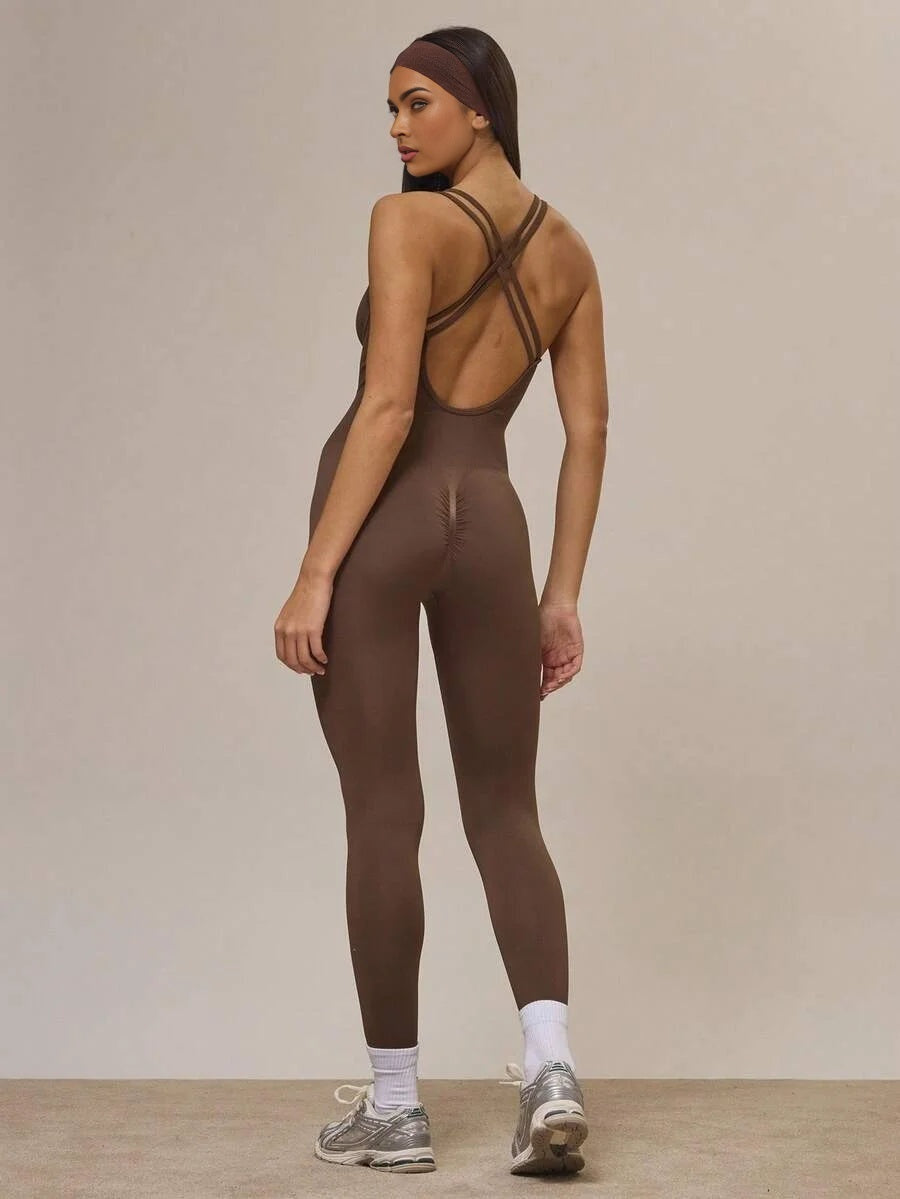 Sport Cross Back Seamless Ribbed Sculpt Fitted Jumpsuit Active Sports Workout Fall Autumn Cute