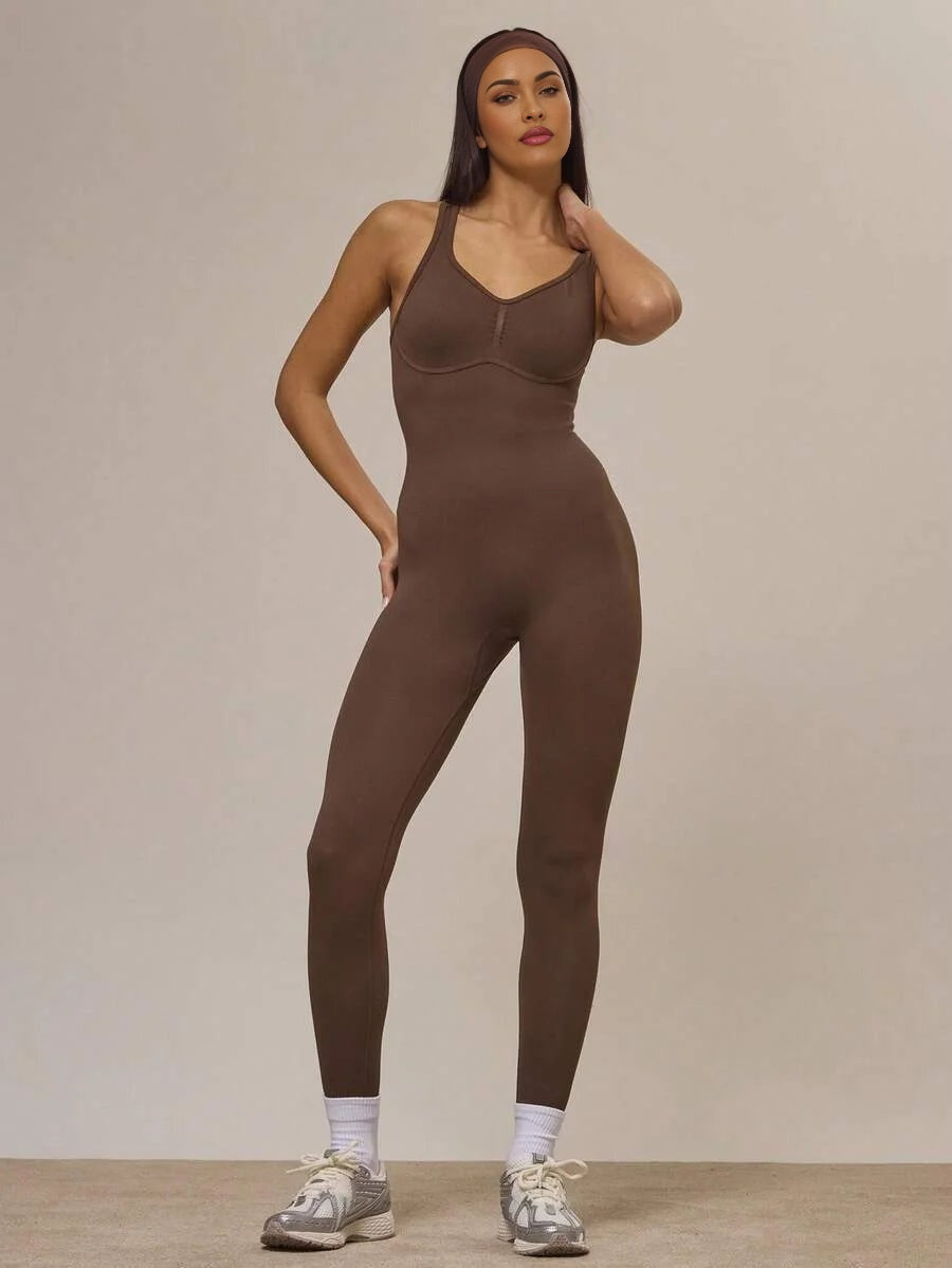 Sport Cross Back Seamless Ribbed Sculpt Fitted Jumpsuit Active Sports Workout Fall Autumn Cute