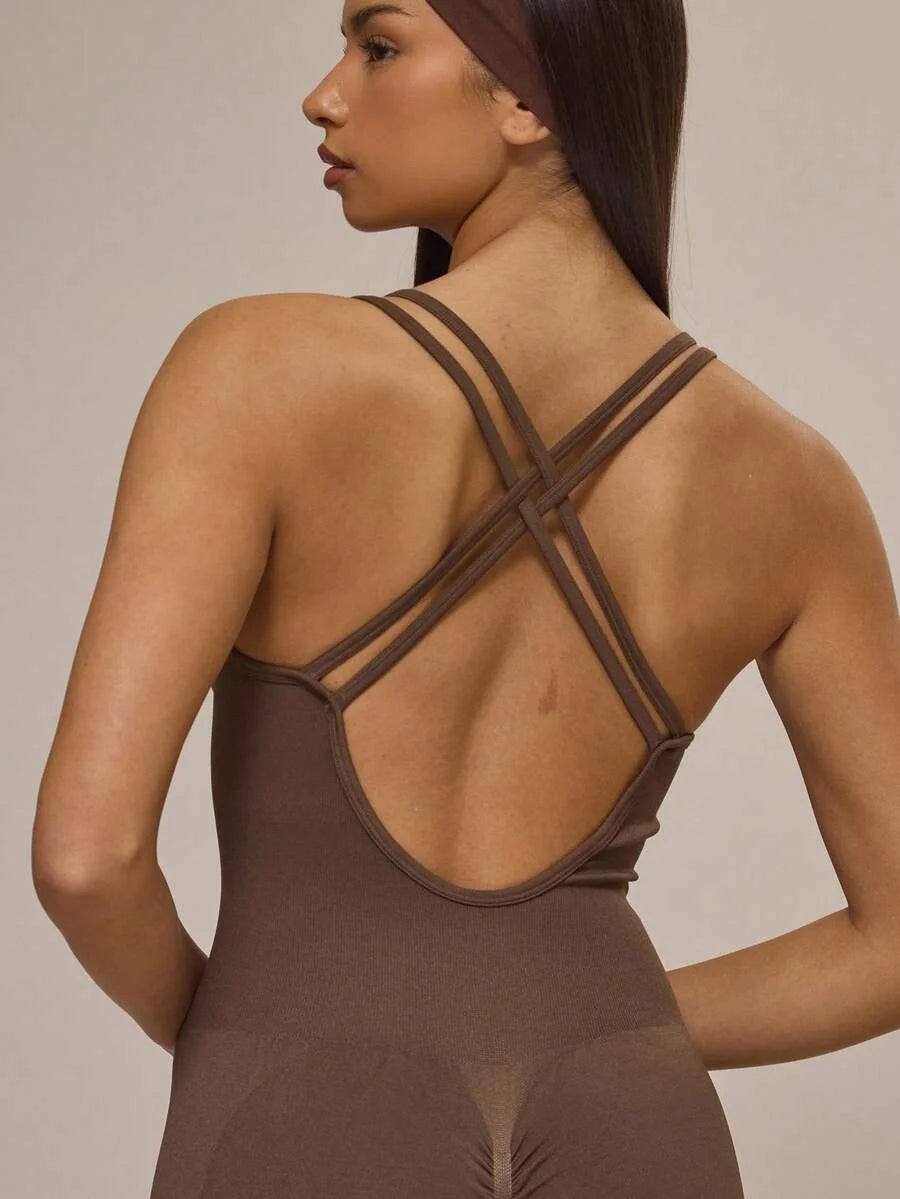 Sport Cross Back Seamless Ribbed Sculpt Fitted Jumpsuit Active Sports Workout Fall Autumn Cute