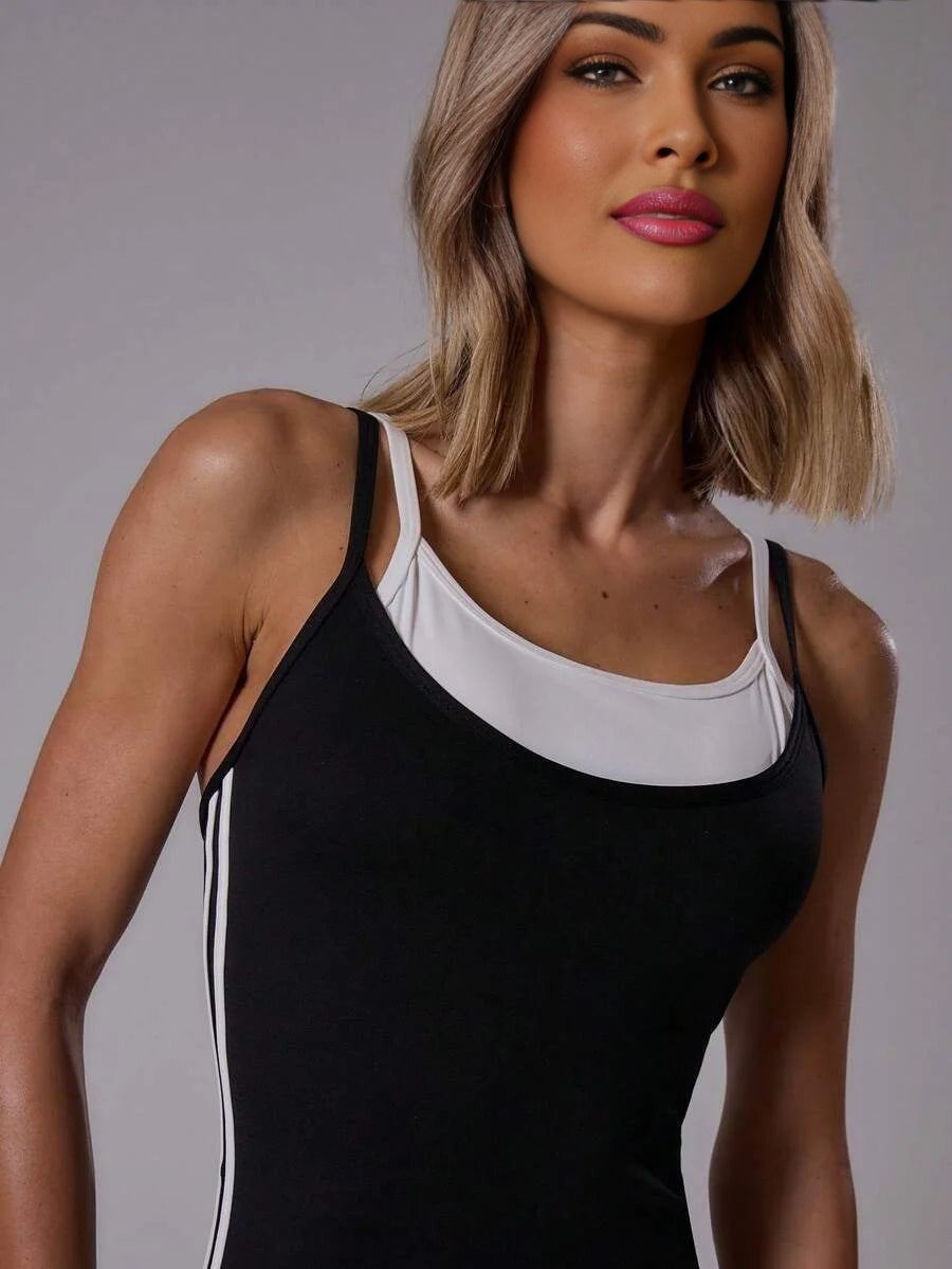 Sport Double Strap Stripe Sides Fitted Micro Mini Playsuit Musera Sport High Rise Contrast Piping