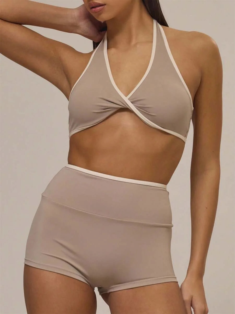 Sport Halterneck Contrast Trim Sports Bra And Shorts Set Gym Active Workout Fall Autumn Cinnamon