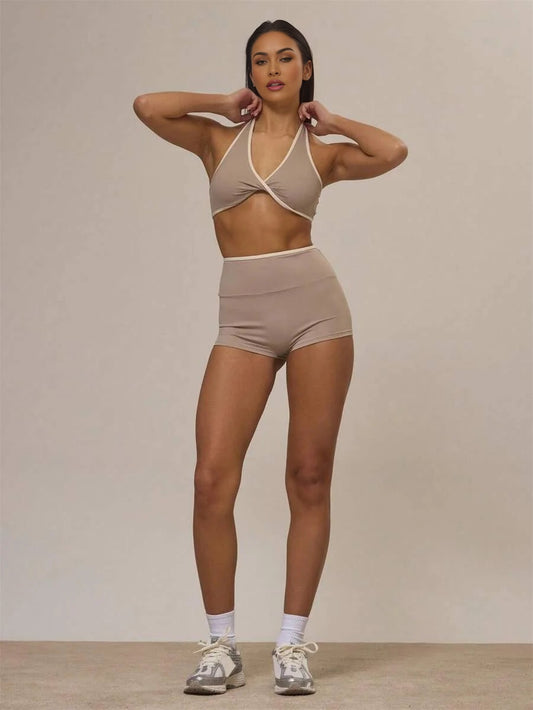 Sport Halterneck Contrast Trim Sports Bra And Shorts Set Gym Active Workout Fall Autumn Cinnamon