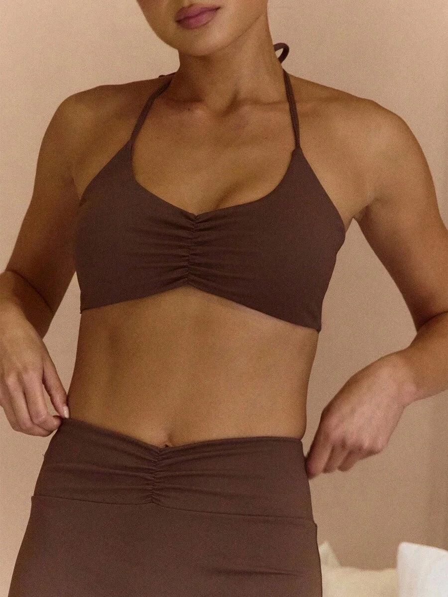 Sport Halterneck Ruched Front Sports Bra And Shorts Co Ord Set Elegant Casual Active Workout Gym