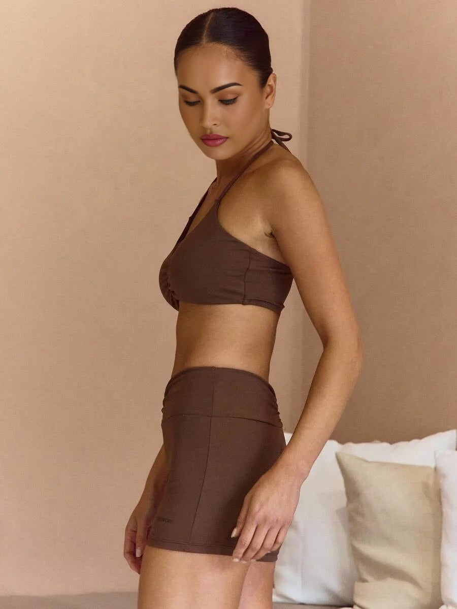 Sport Halterneck Ruched Front Sports Bra And Shorts Co Ord Set Elegant Casual Active Workout Gym