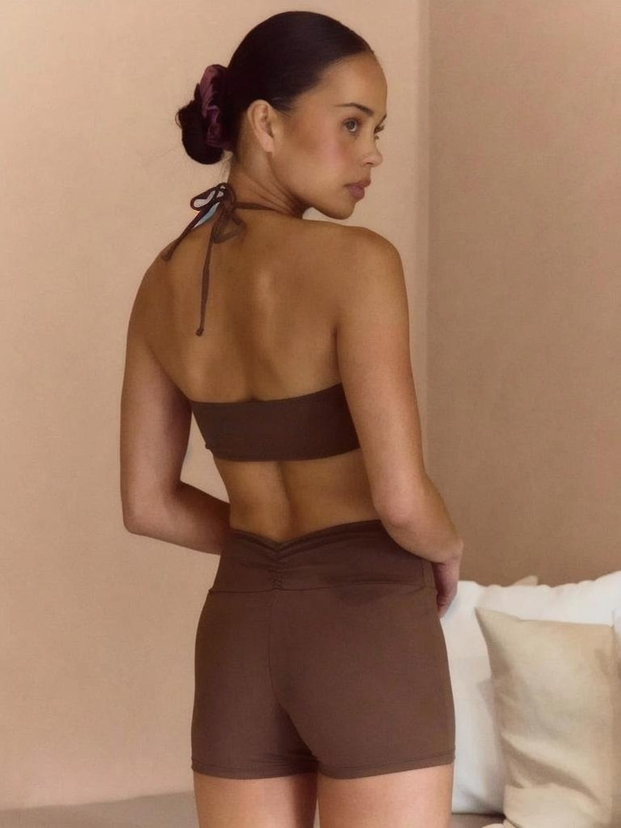 Sport Halterneck Ruched Front Sports Bra And Shorts Co Ord Set Elegant Casual Active Workout Gym