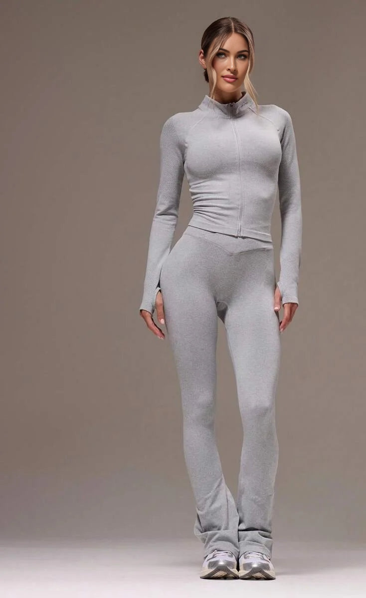 Sport High Neck Long Sleeve Seamless Fitted Zip Sport Jacket High Waisted Stretch Flared Leggings