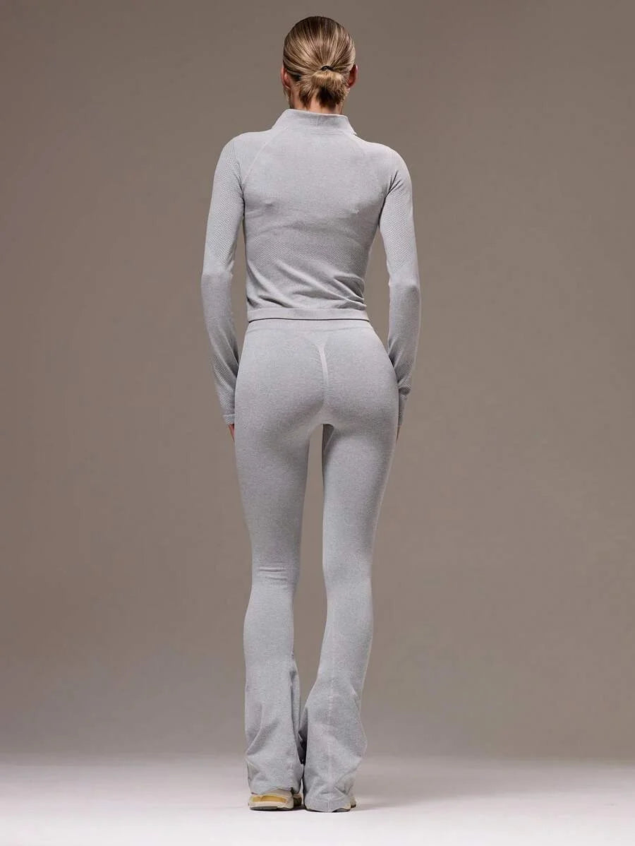 Sport High Neck Long Sleeve Seamless Fitted Zip Sport Jacket High Waisted Stretch Flared Leggings