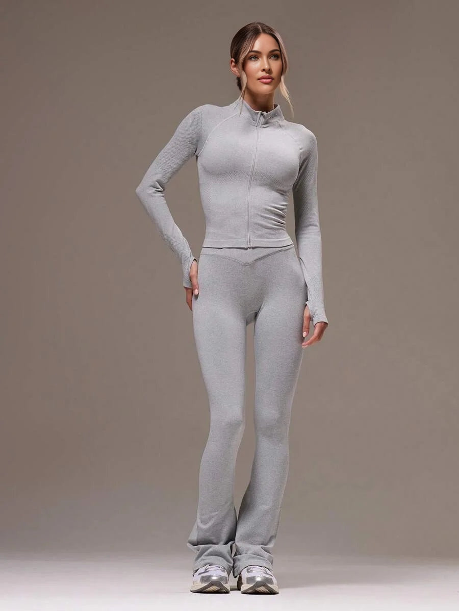 Sport High Neck Long Sleeve Seamless Fitted Zip Sport Jacket High Waisted Stretch Flared Leggings