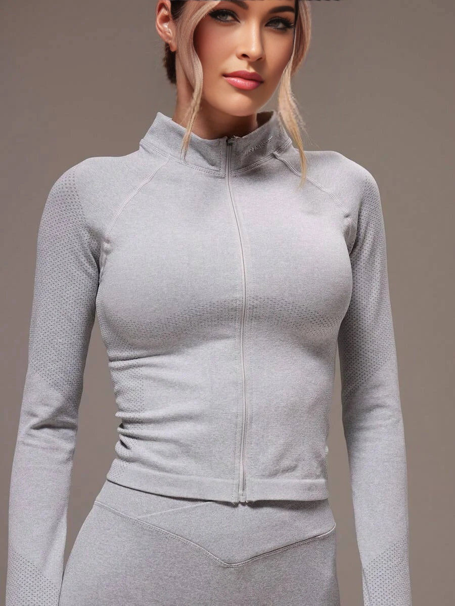 Sport High Neck Long Sleeve Seamless Fitted Zip Sport Jacket High Waisted Stretch Flared Leggings