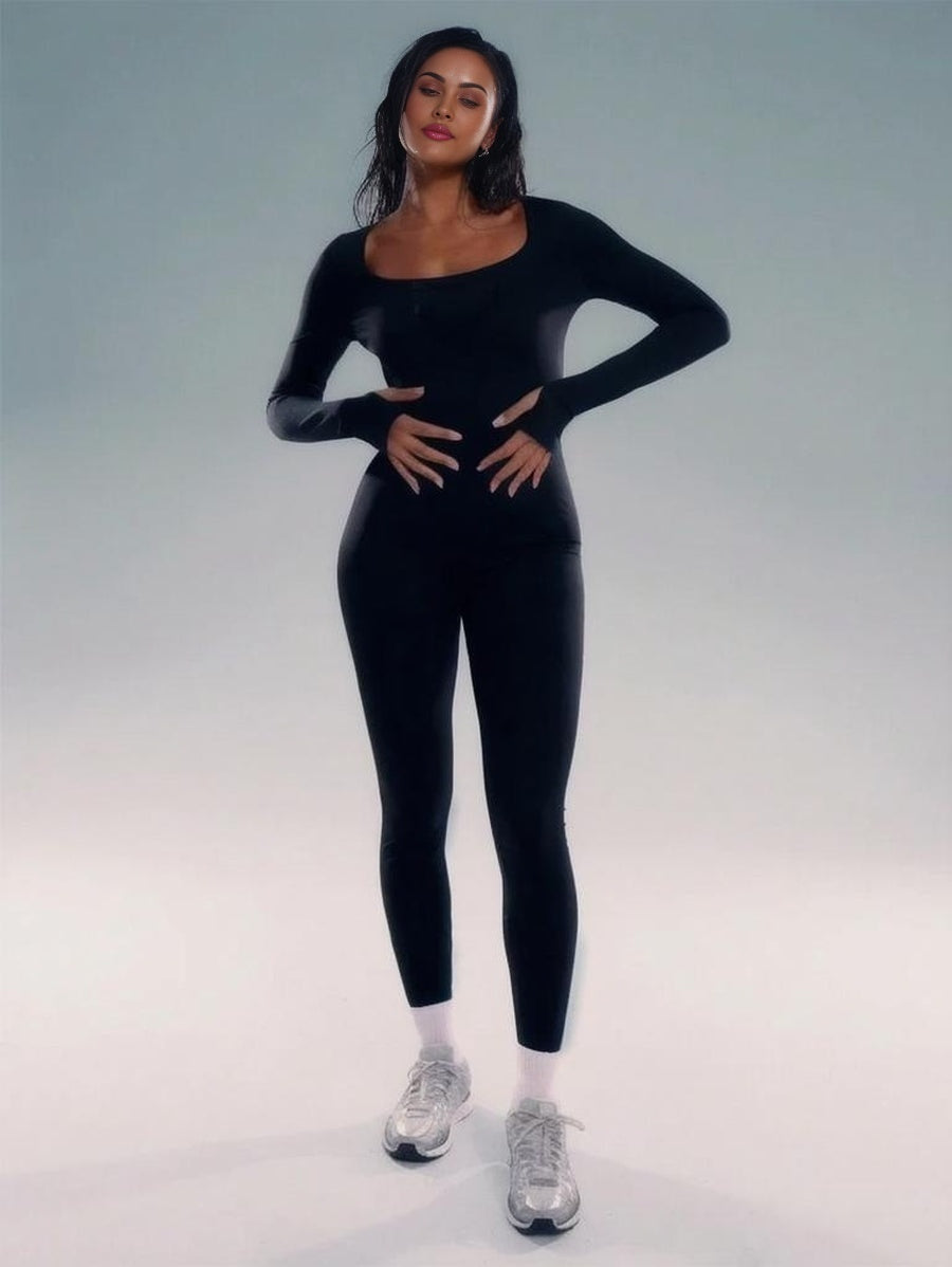 Sport Long Sleeve Thumbhole Scoop Neck Jumpsuit Padel Tennis Pickleball Gym Fitness