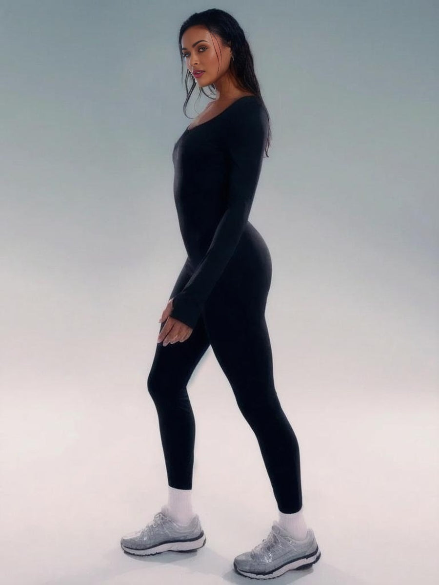 Sport Long Sleeve Thumbhole Scoop Neck Jumpsuit Padel Tennis Pickleball Gym Fitness