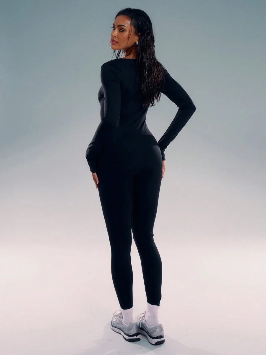 Sport Long Sleeve Thumbhole Scoop Neck Jumpsuit Padel Tennis Pickleball Gym Fitness