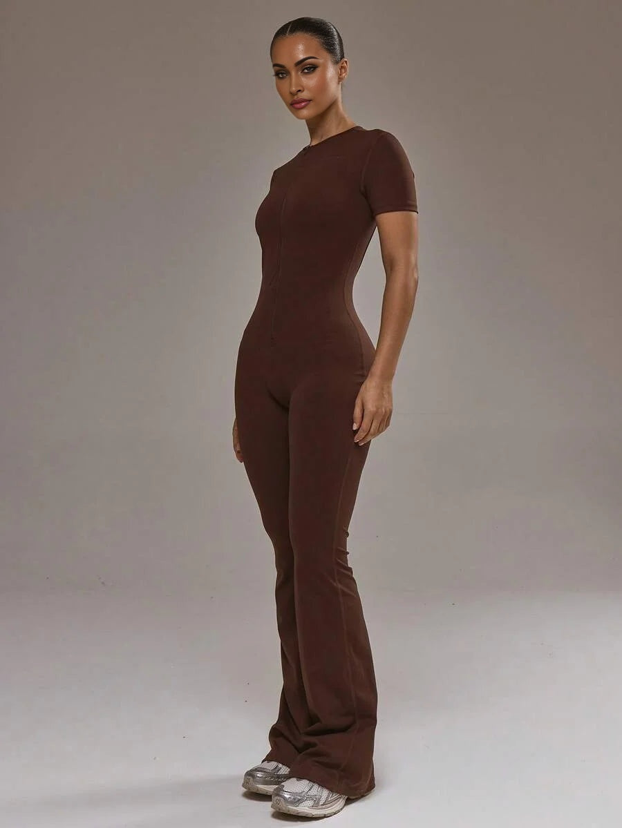 Sport Open Back Fitted Flared Short Sleeve Jumpsuit Padel Autumn Fall Winter Activewear Sport Gym