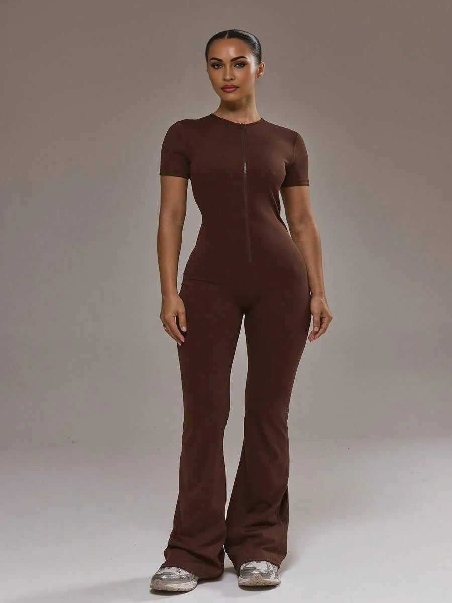 Sport Open Back Fitted Flared Short Sleeve Jumpsuit Padel Autumn Fall Winter Activewear Sport Gym