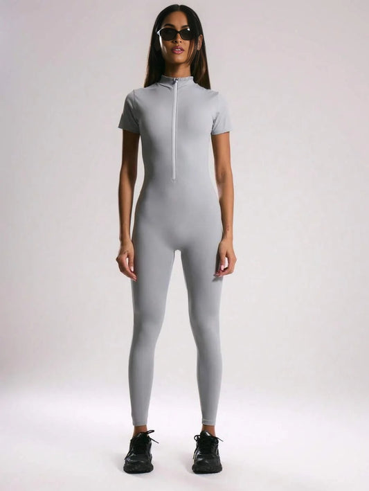 Sport Open Back Zip Through Short Sleeve Fitted Jumpsuit Gym Fitness