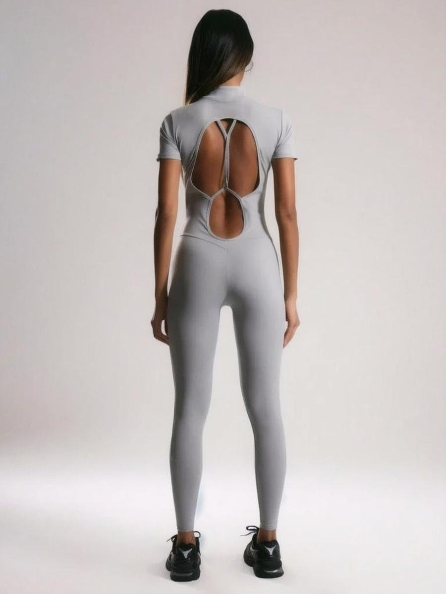 Sport Open Back Zip Through Short Sleeve Fitted Jumpsuit Gym Fitness