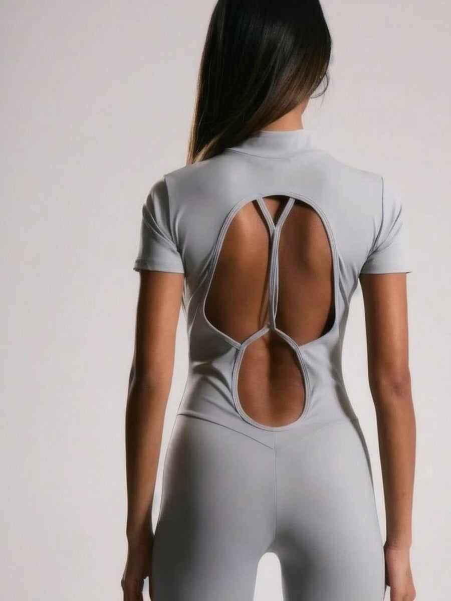 Sport Open Back Zip Through Short Sleeve Fitted Jumpsuit Gym Fitness
