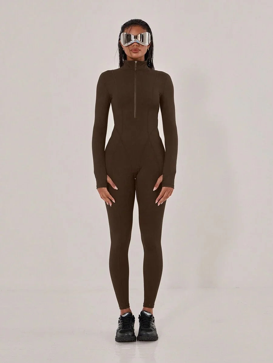 Sport Overlock Stitched High Neck JumpsuitPadel Tennis Pickleball Gym Fitness