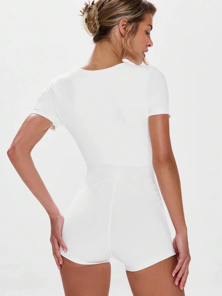 Sport Plunge V Neck Fitted Short Sleeve Unitard Active Workout GymPadel Tennis Pickleball Gym