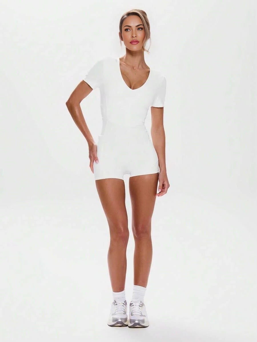 Sport Plunge V Neck Fitted Short Sleeve Unitard Active Workout GymPadel Tennis Pickleball Gym