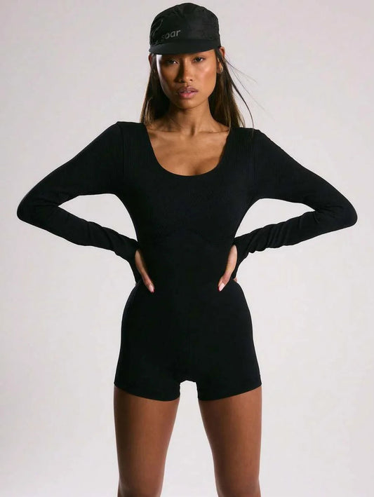 Sport Ribbed Seamless Scoop Neck Long Sleeve Fitted Playsuit Padel Tennis Pickleball Gym Fitness
